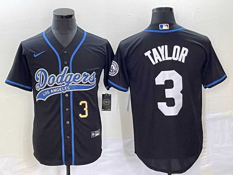 Men%27s Los Angeles Dodgers #3 Chris Taylor Number Black With Patch Cool Base Stitched Baseball Jersey
